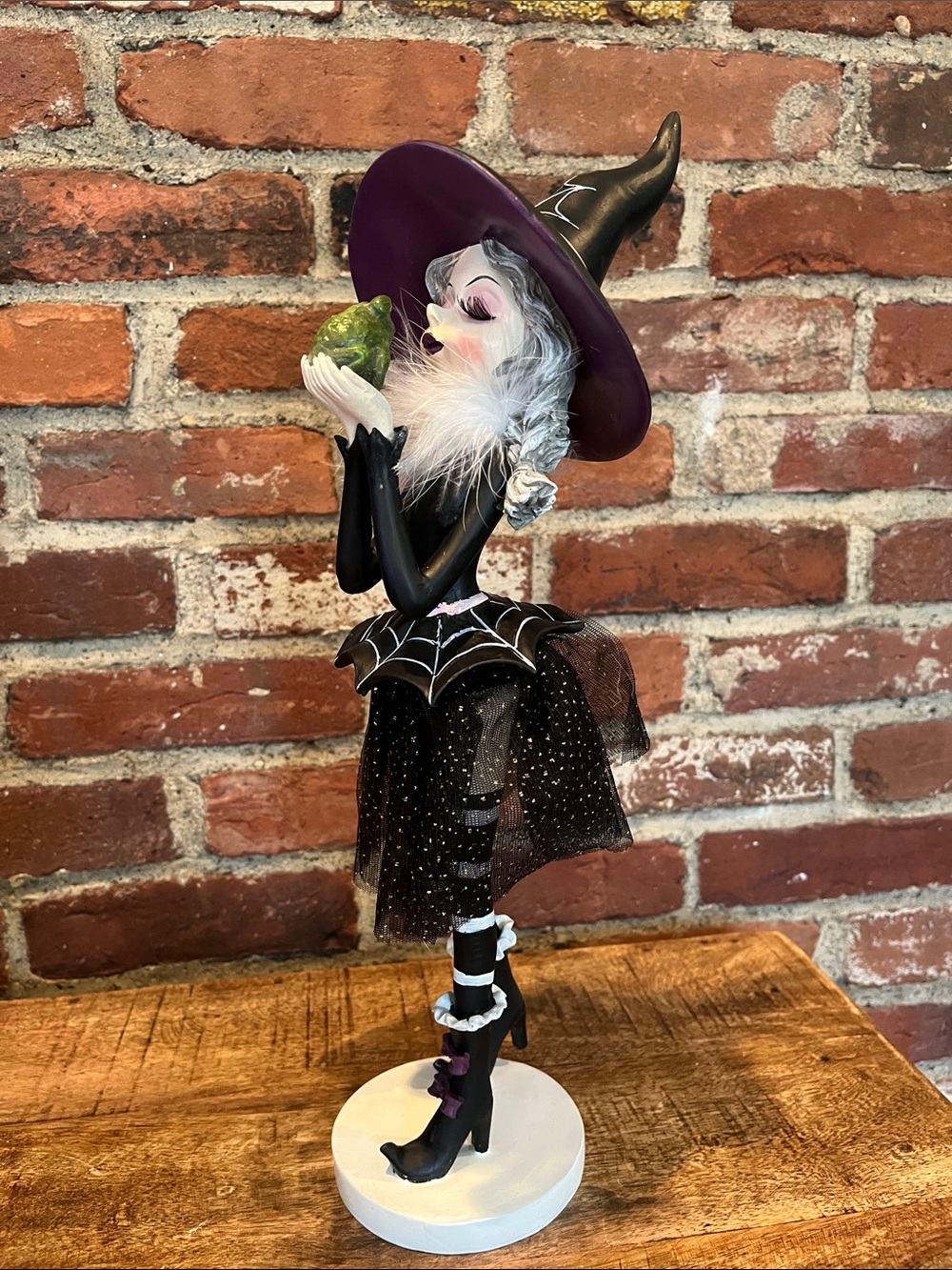 Purple-Hat Black Witch Figurine with Green Frog